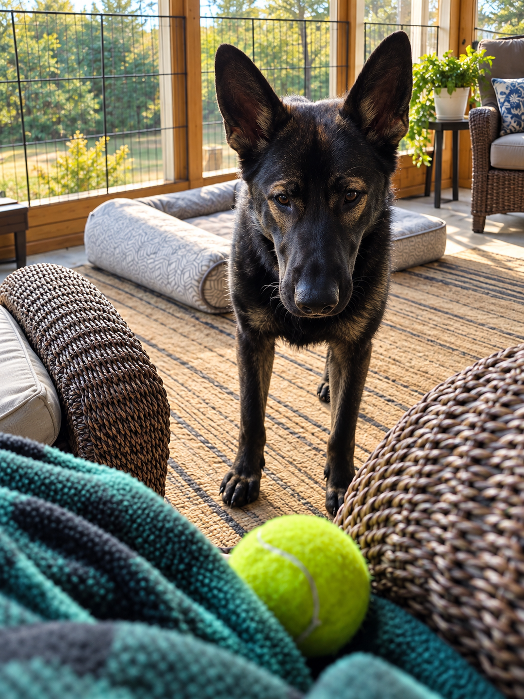 Ruger staring intently at a tennis ball on the porch.
